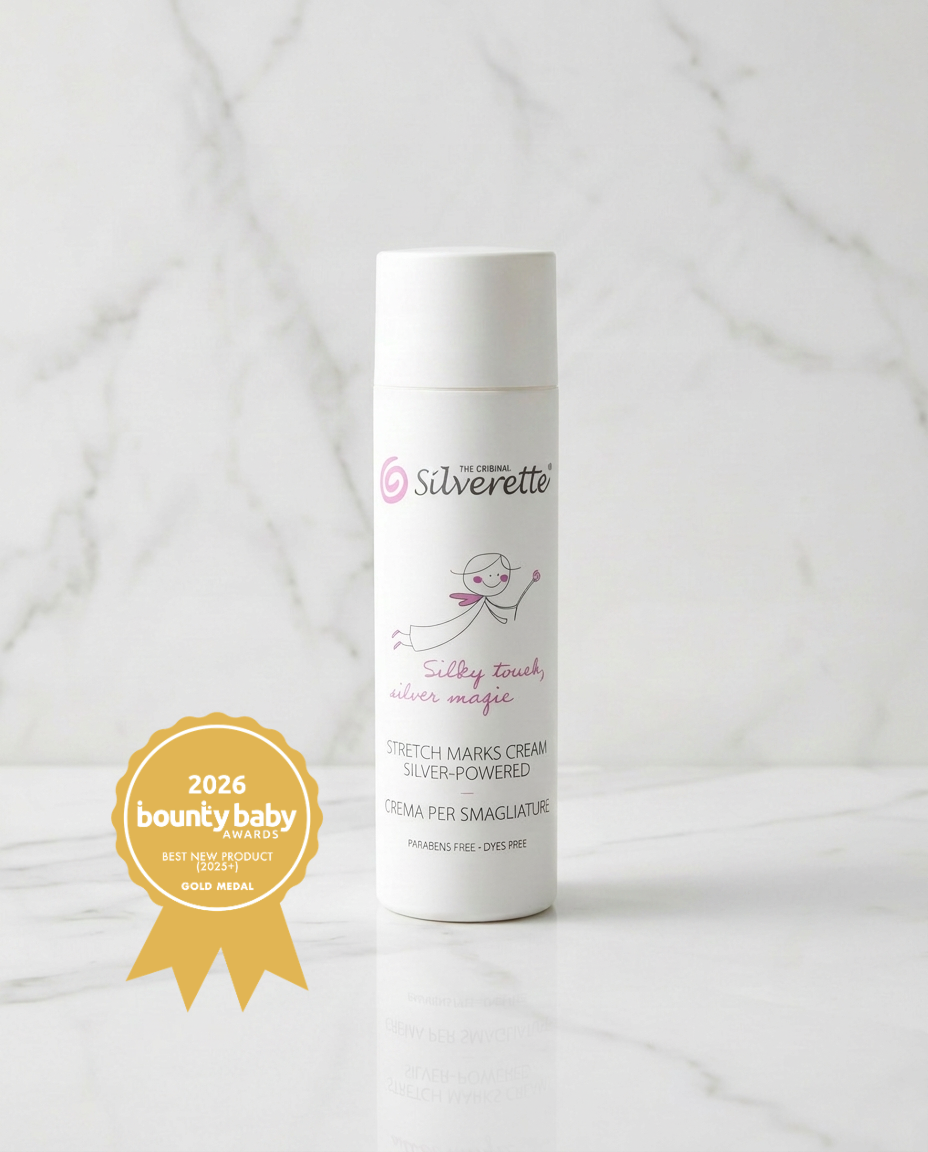 Silverette Silver-Powered Stretch Marks Cream 200ml bottle with nourishing daily care formula for skin improvement and hydration.