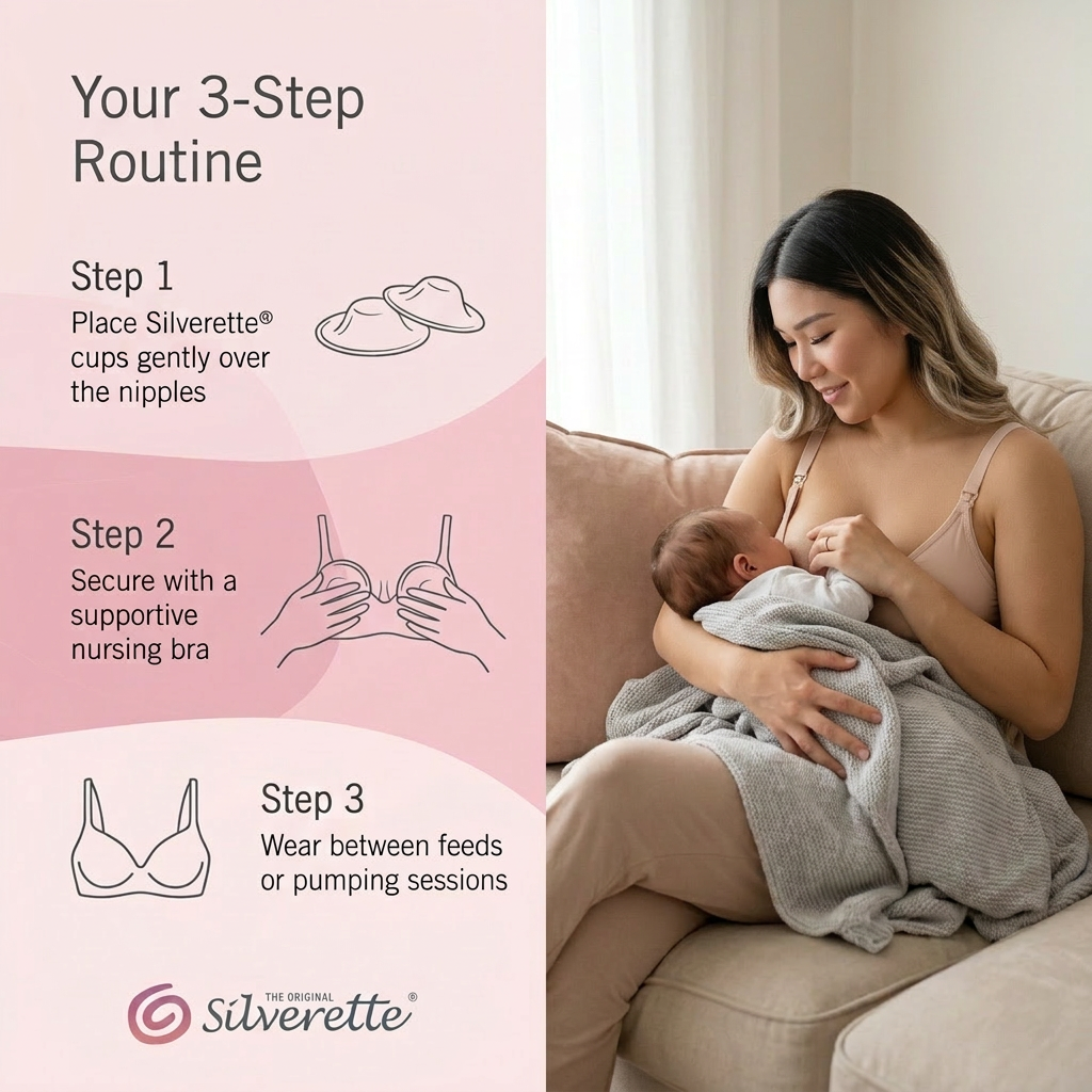 Silverette® nursing cups in silver, designed for breastfeeding comfort, showing the smooth, rounded shape of the cups.